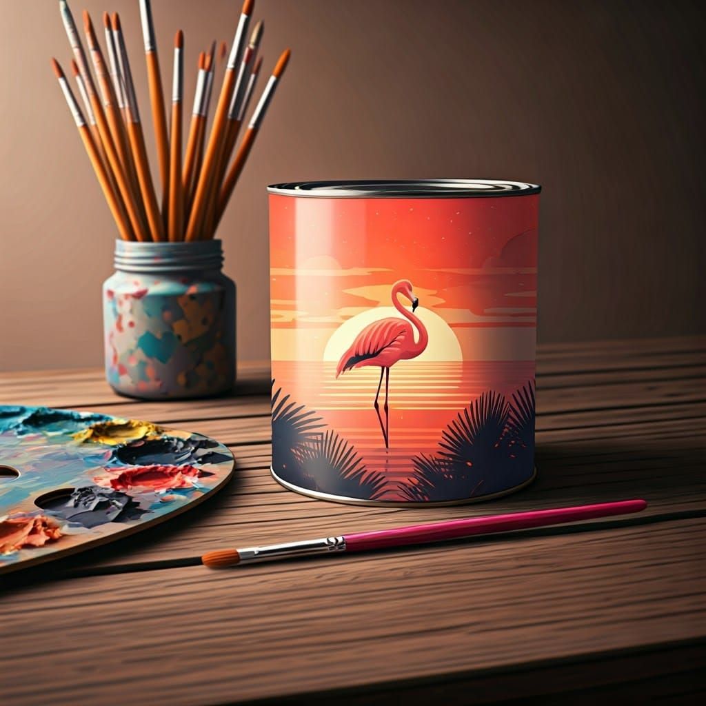 Whimsical Oil Painting Palette Scene with Flamingo