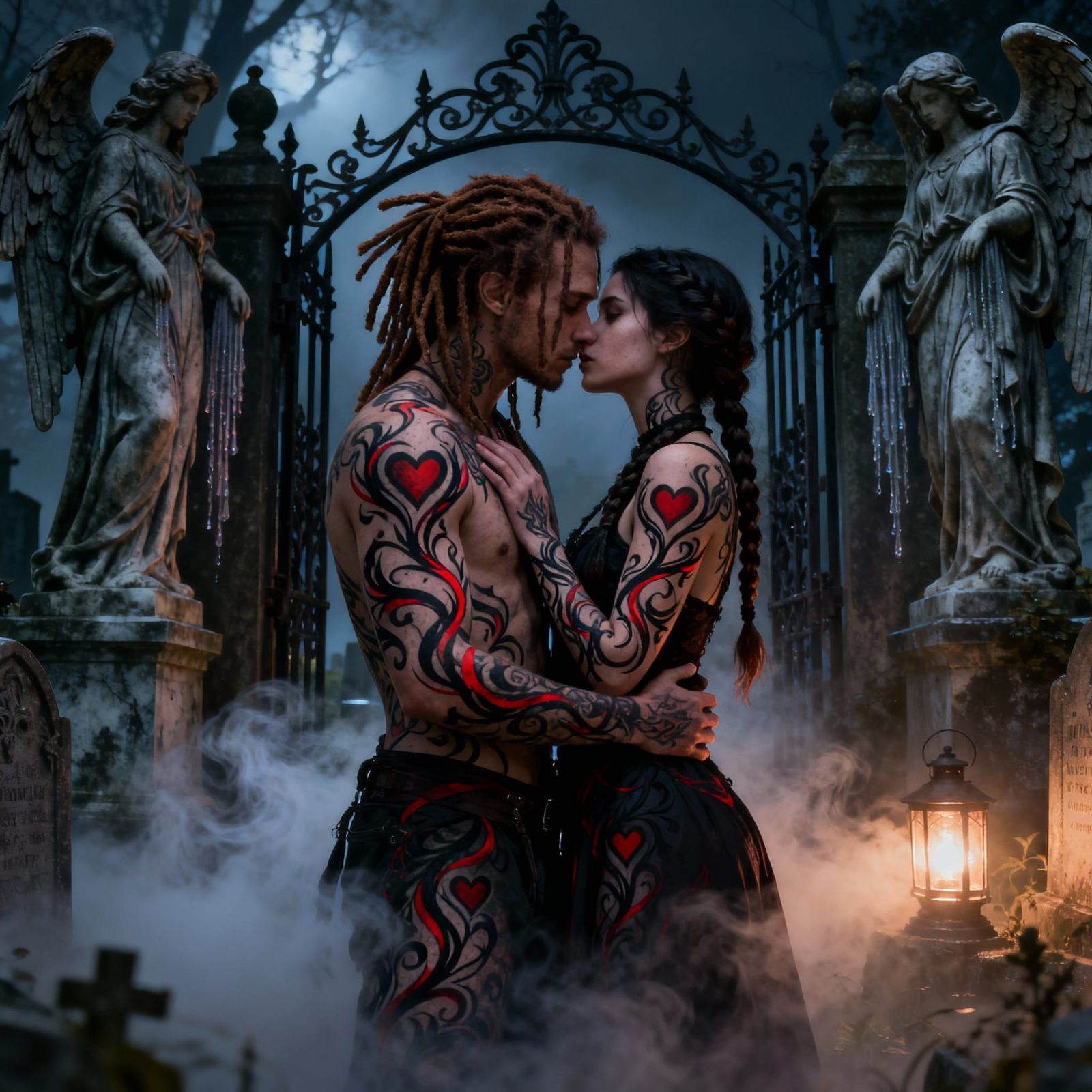 Intense Gothic Romance in Misty Graveyard