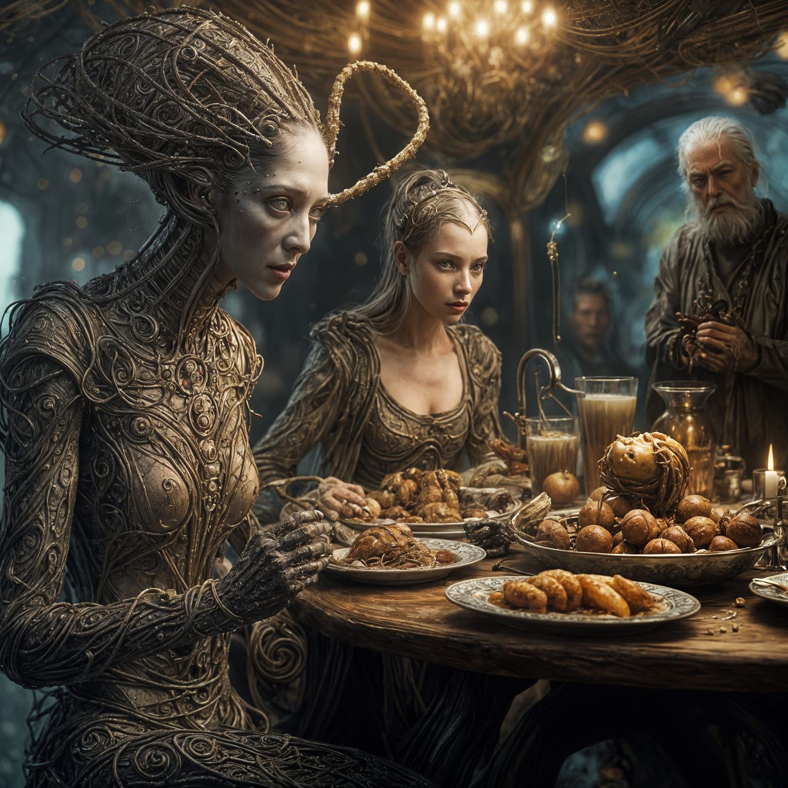 Bizarre Alien Feast in Magical Realism Style