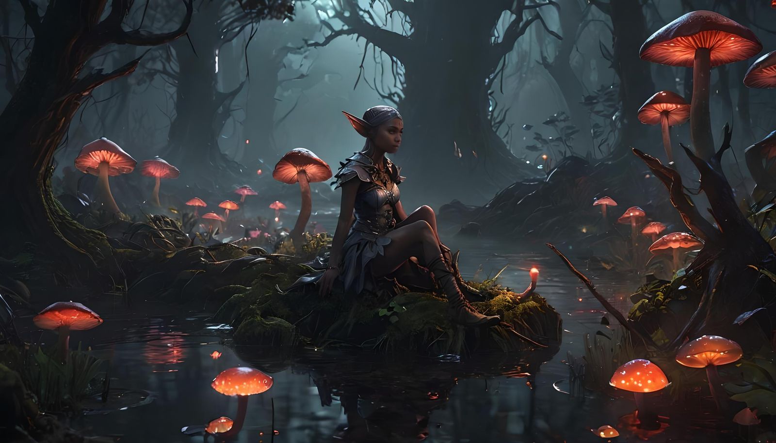 Dark Elf Spellcaster in Moonlit Swamp