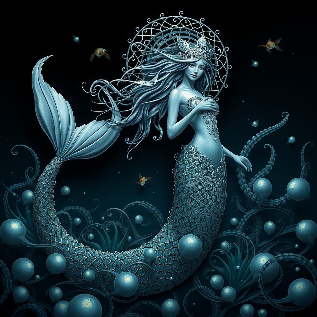 Art Nouveau Metal Mermaid Ascends from the Ocean Depths