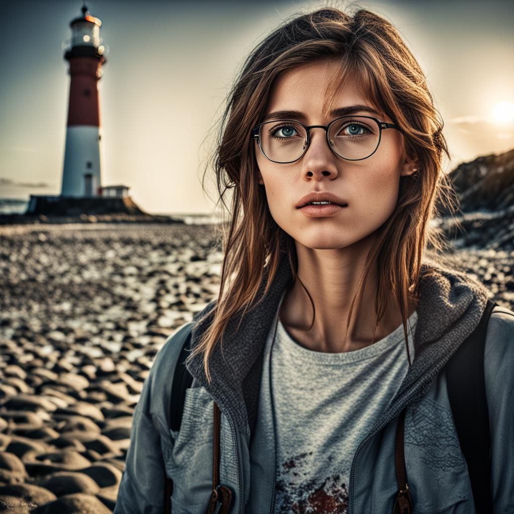 Hyperrealistic Portrait: German Woman with Lighthouse