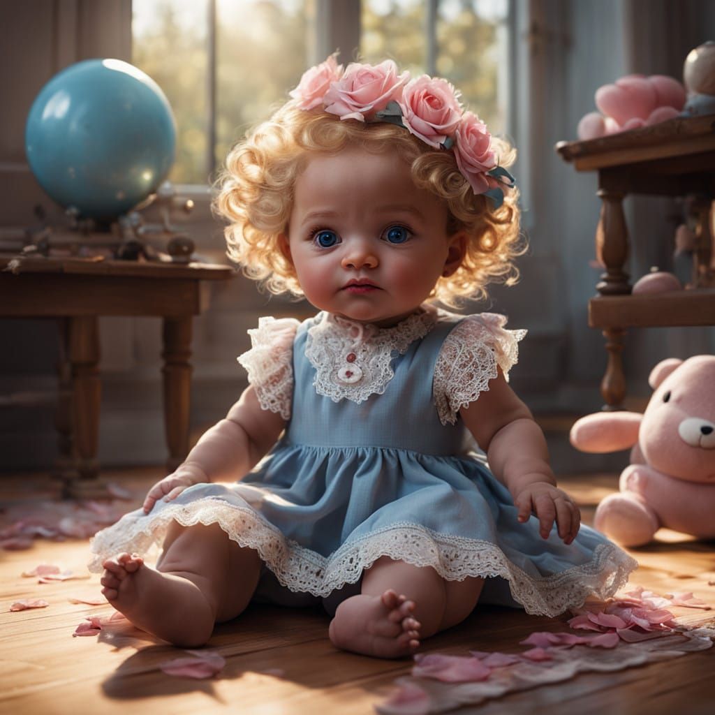 Gentle Baby Girl in Pastel Paradise with Vintage Toys