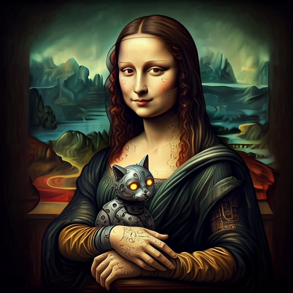 MIchelangelo's "Mona Lisa" portrayed as a cyborg with her robo-cat.