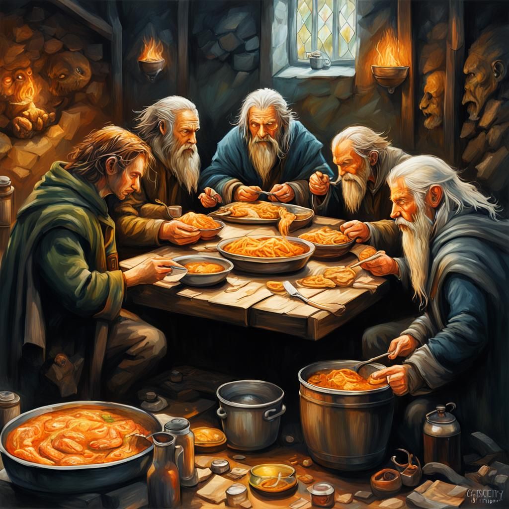 Hobbits and Sauron Dinner in Graffiti Art Style