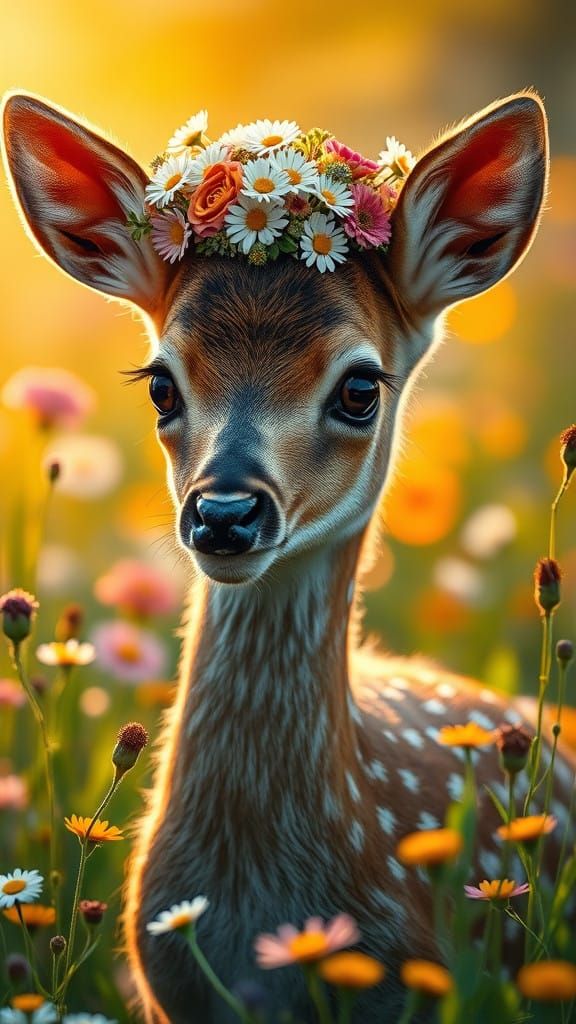 Gentle Fawn Blooms in a Sunny Meadow, Hyperrealistic Portrai...