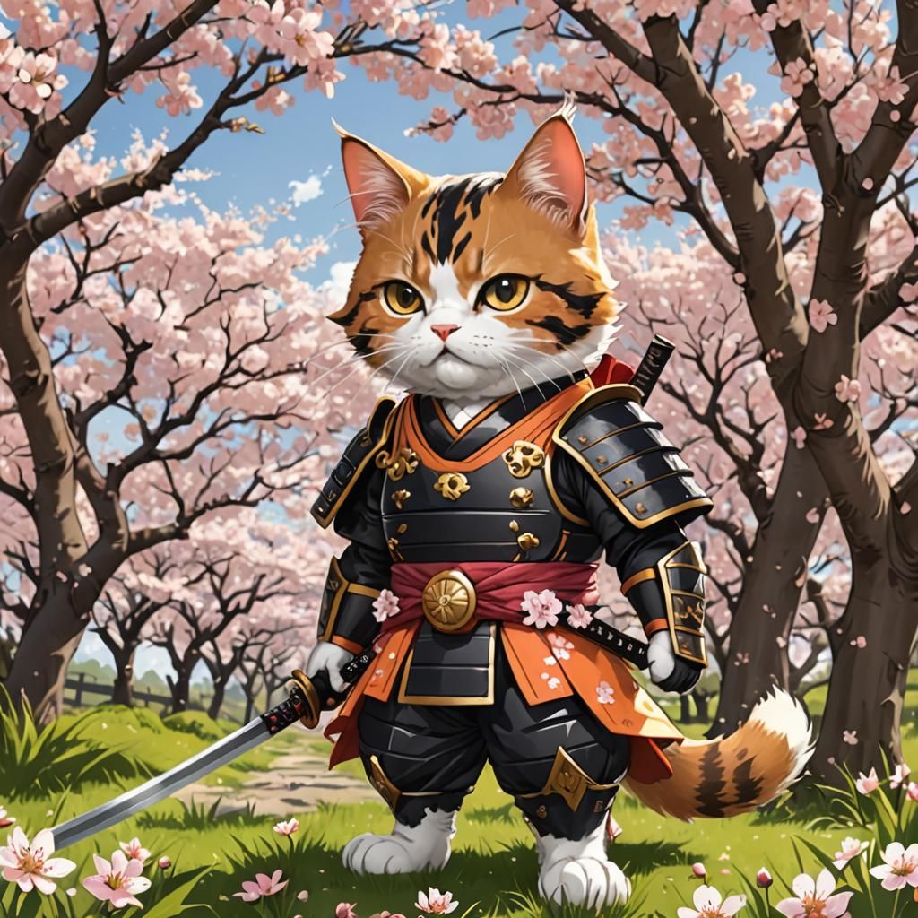 Samurai Cat in Cherry Blossom Orchard, Anime Style