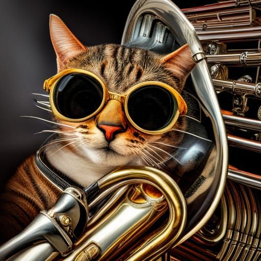 Cat Playing Tuba with Sunglasses in HDR