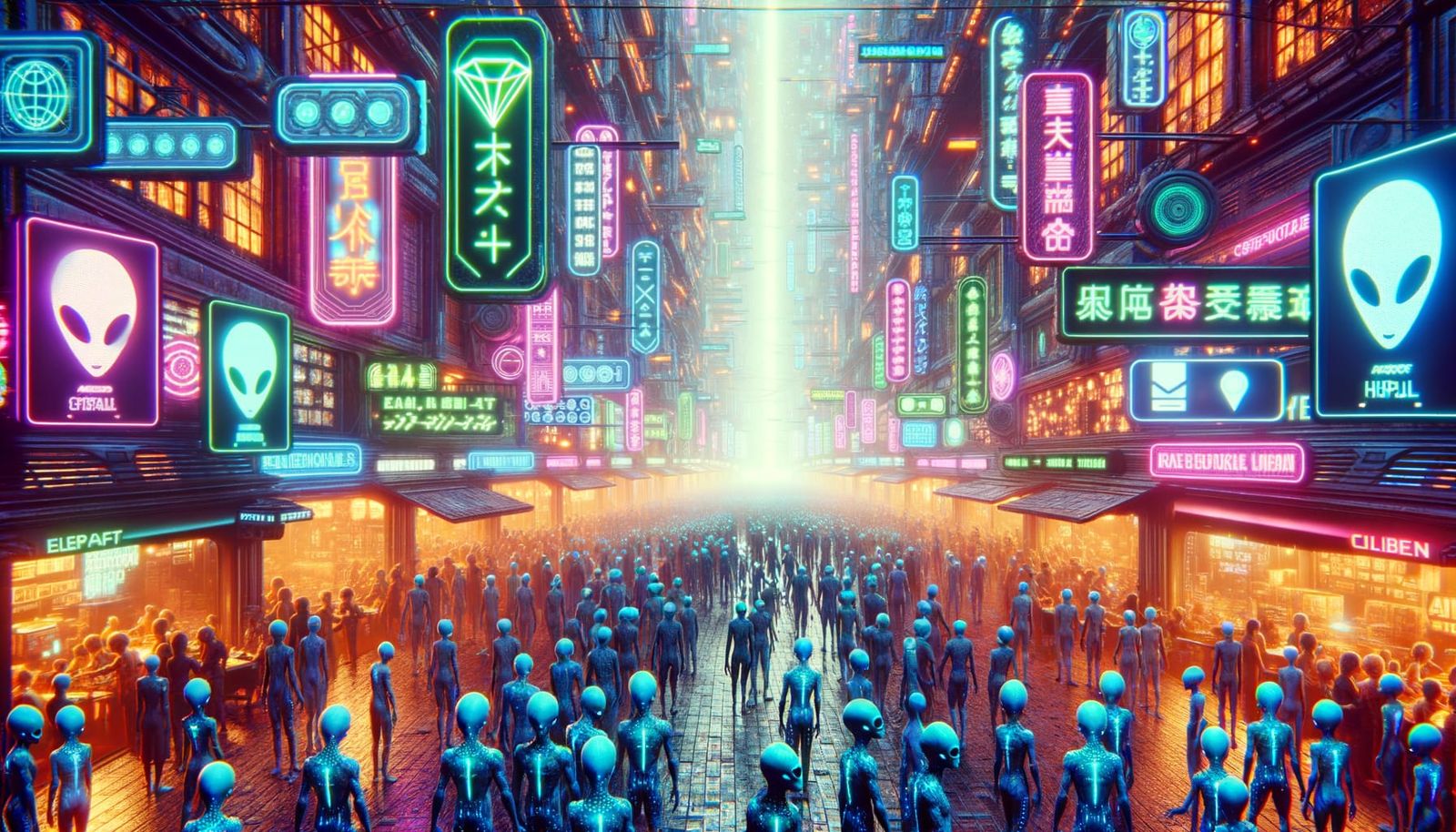 Bustling Alien Marketplace in Cyberpunk Style