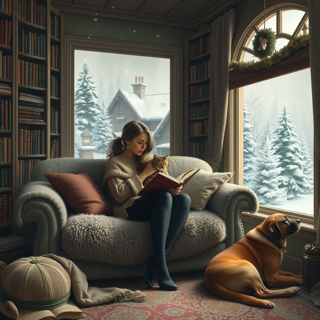 Cozy Reading Nook with Cat and Dog