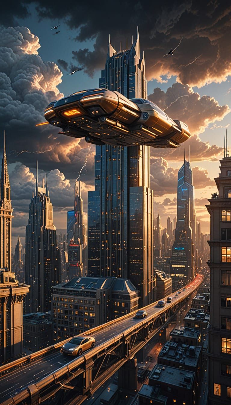 Futuristic Cityscape at Twilight with Ancient Magic