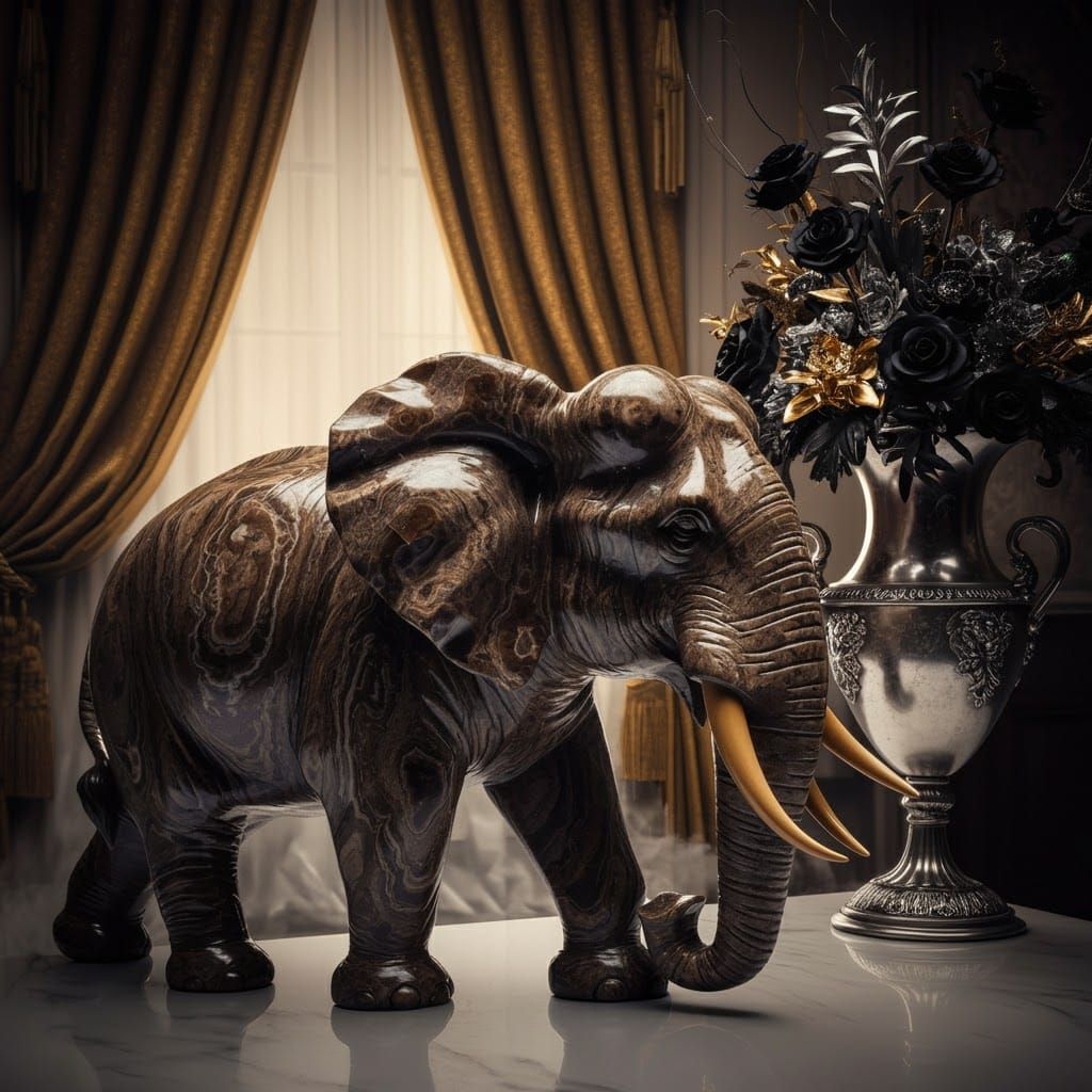 Zinnwaldite Elephant Statue in Opulent Setting