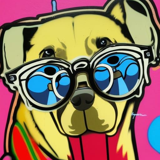 A dog wearing glasses of the 60's and a little custome attir...