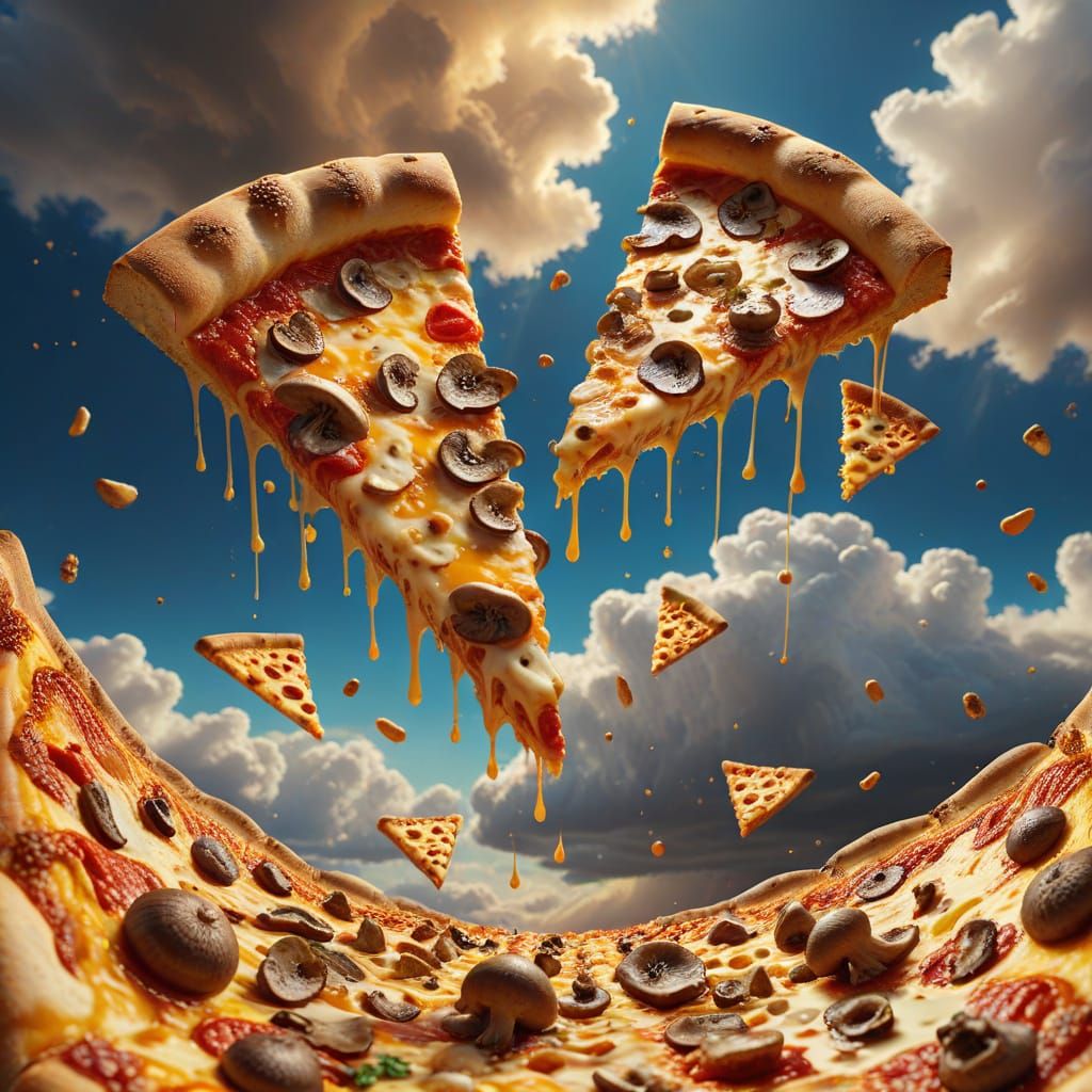Dreamlike Aerial View of Floating Pizza Slices