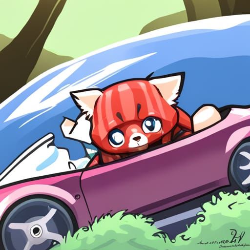 Chibi Red Panda Drives a Classic Miata in Anime Style