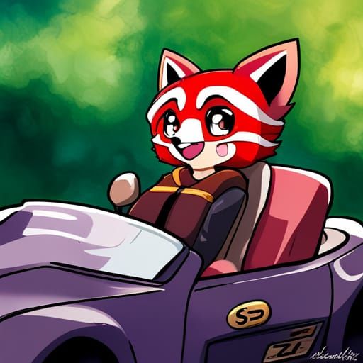 Chibi Red Panda Drives a Red Miata: Anime Style