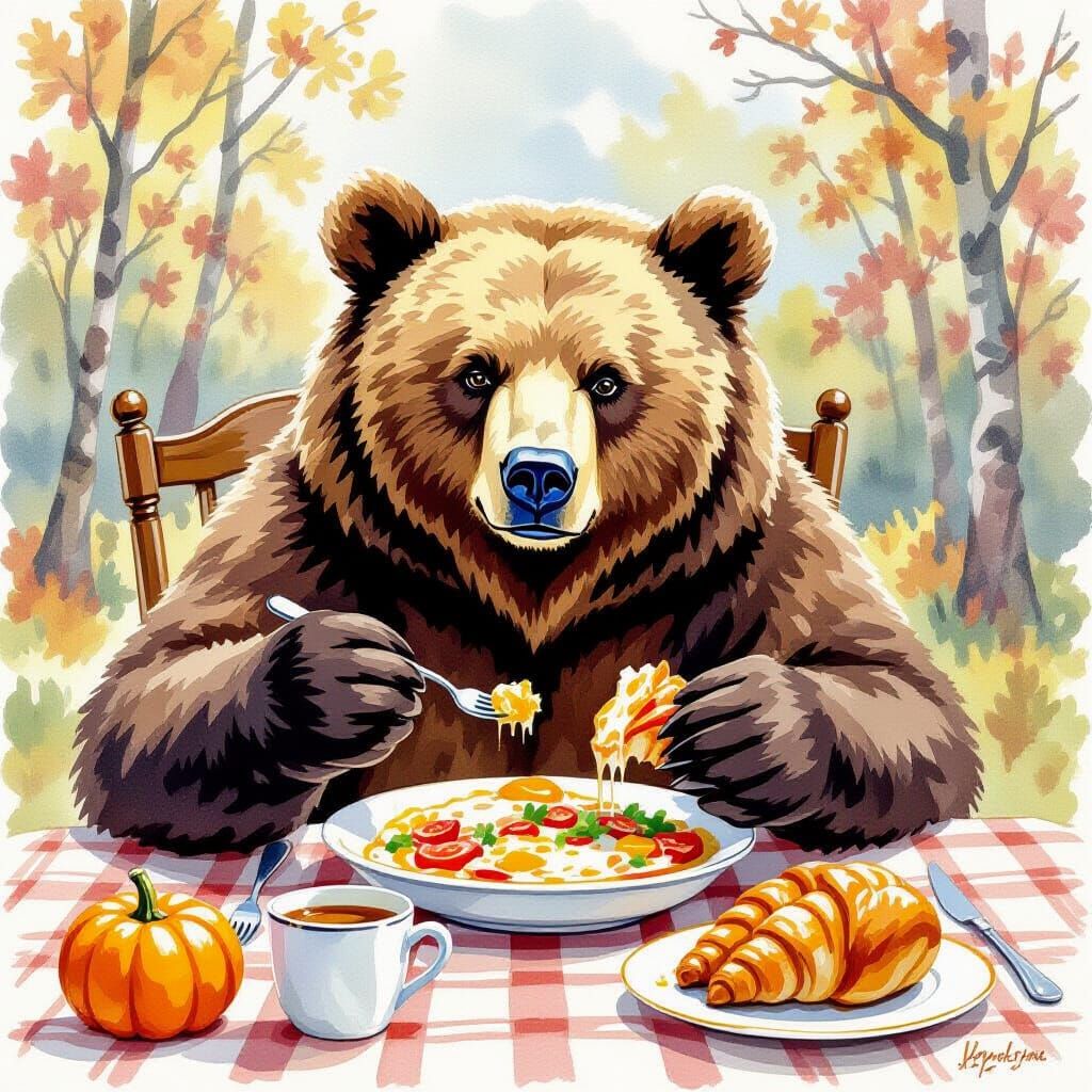 Bear Joins Thanksgiving Feast in Detailed Gouache Painting