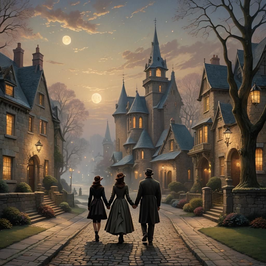 Couple in Moonlit Victorian Landscape, Kinkade Style