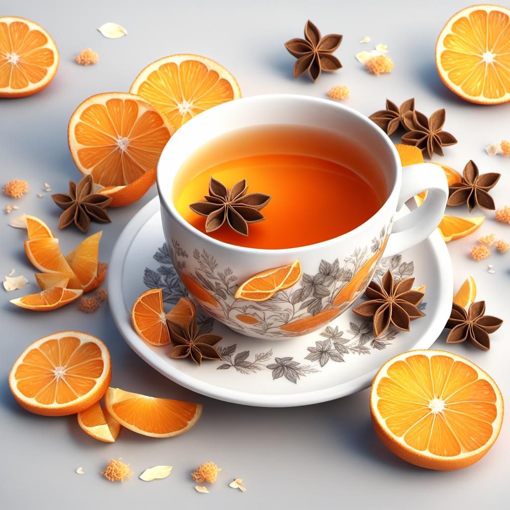 Detailed Tea Cup with Orange Slices, Digital Art
