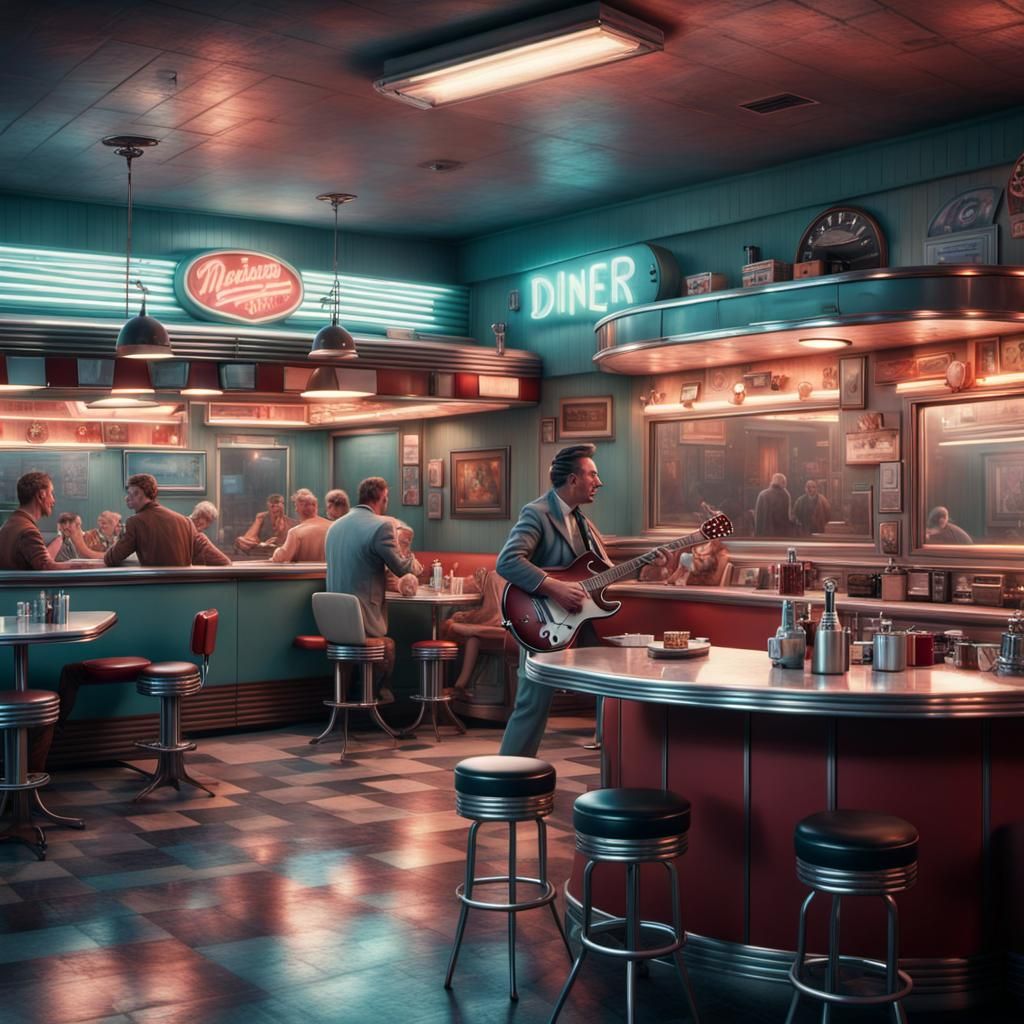1950s Diner Scene with Headbanger Guitarist