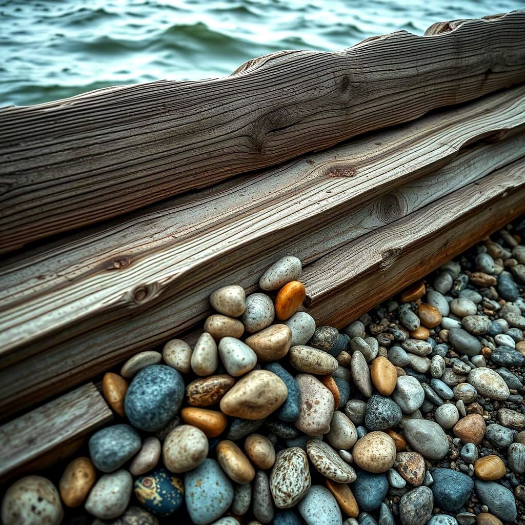 Weathered Breakwater Fence with Beach Pebbles