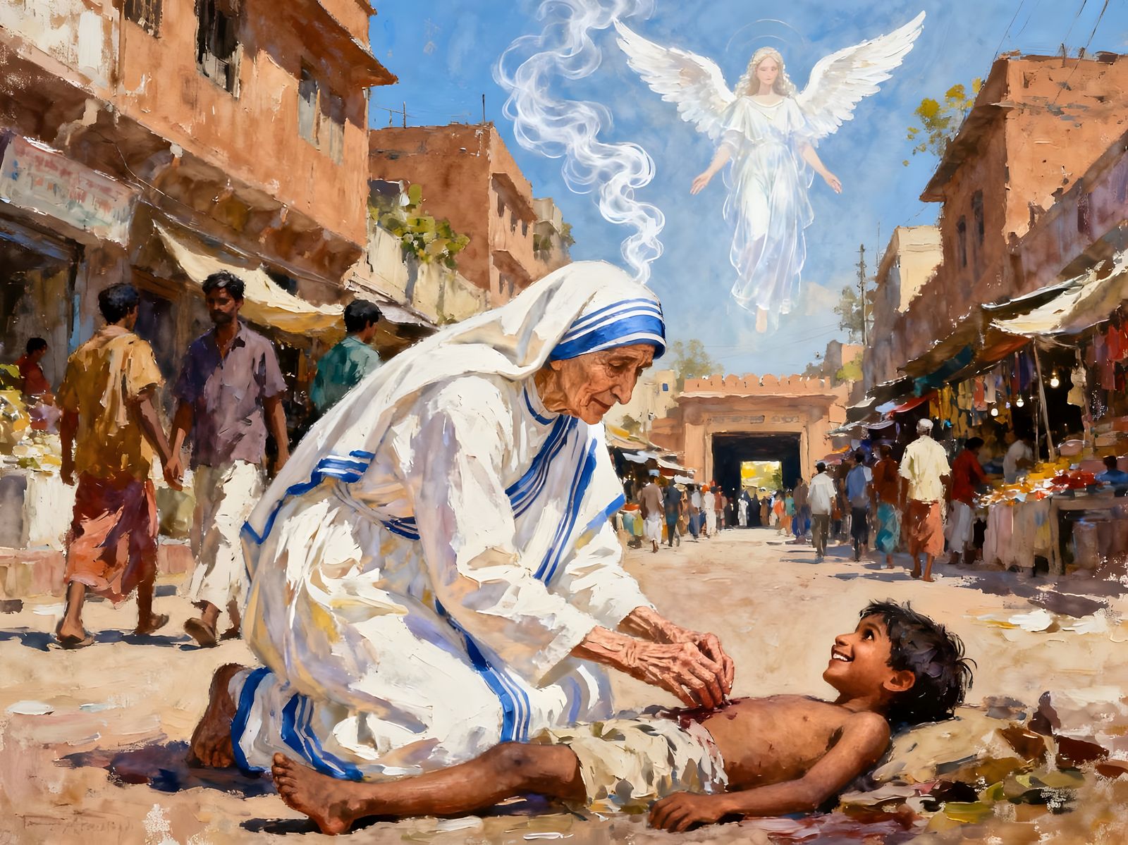 Mother Theresa Tends to Sick Child in Calcutta Street