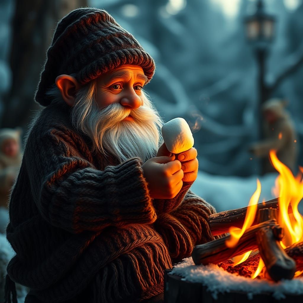 Cozy Gnome Roasting Marshmallow by Winter Fire