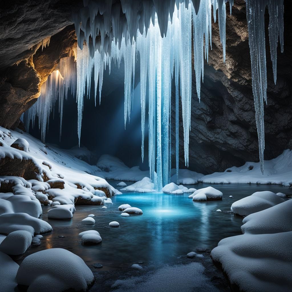 Hyperrealistic Crystal Cave with Frozen Waterfall