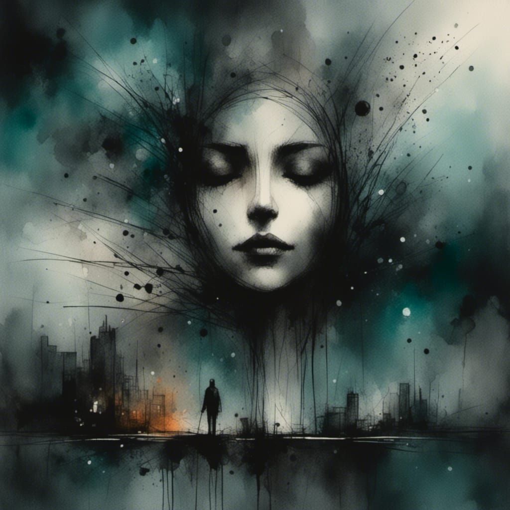 Celestial Dreamscape in Charcoal and Ink Style