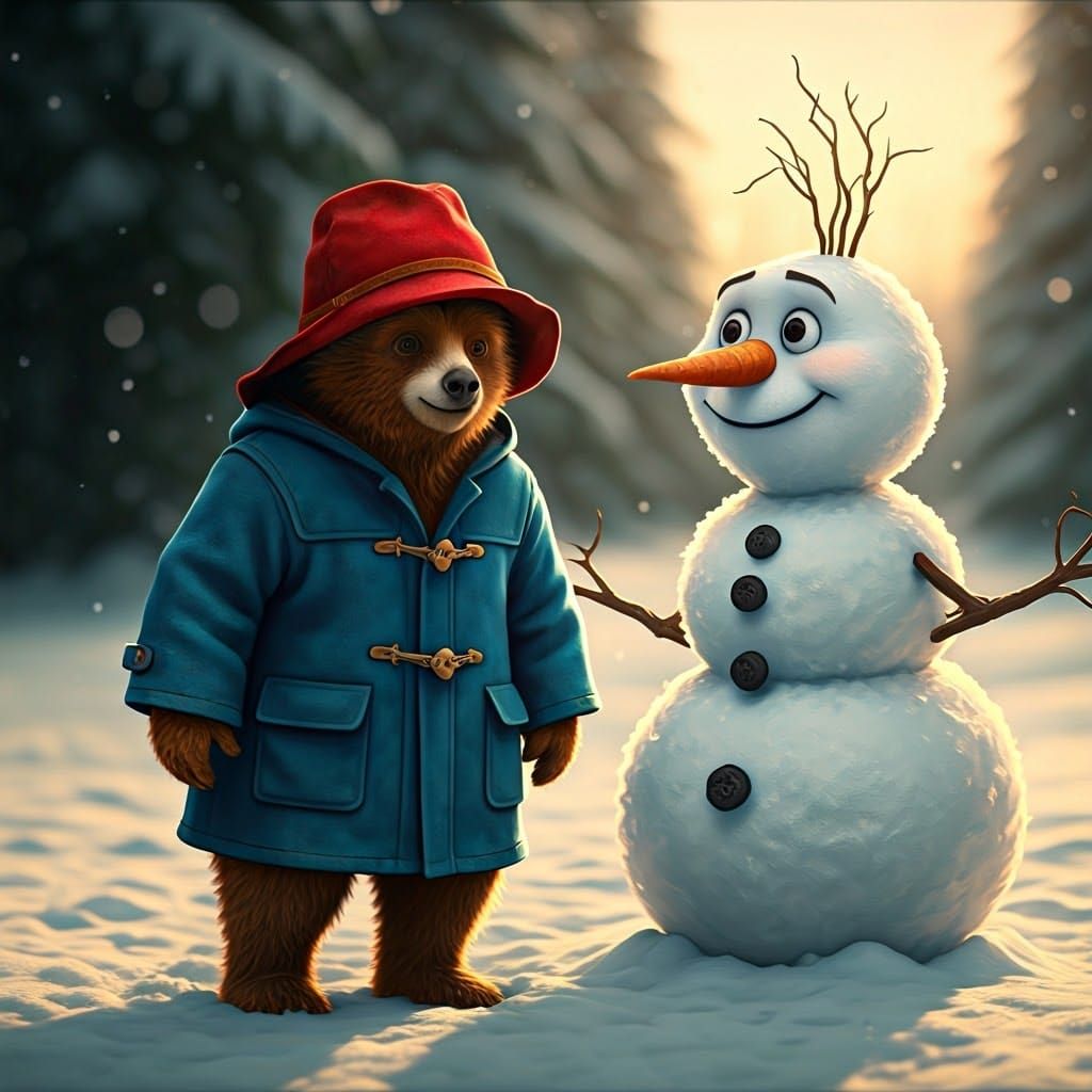 Paddington Bear and Snowman Meeting in Winter