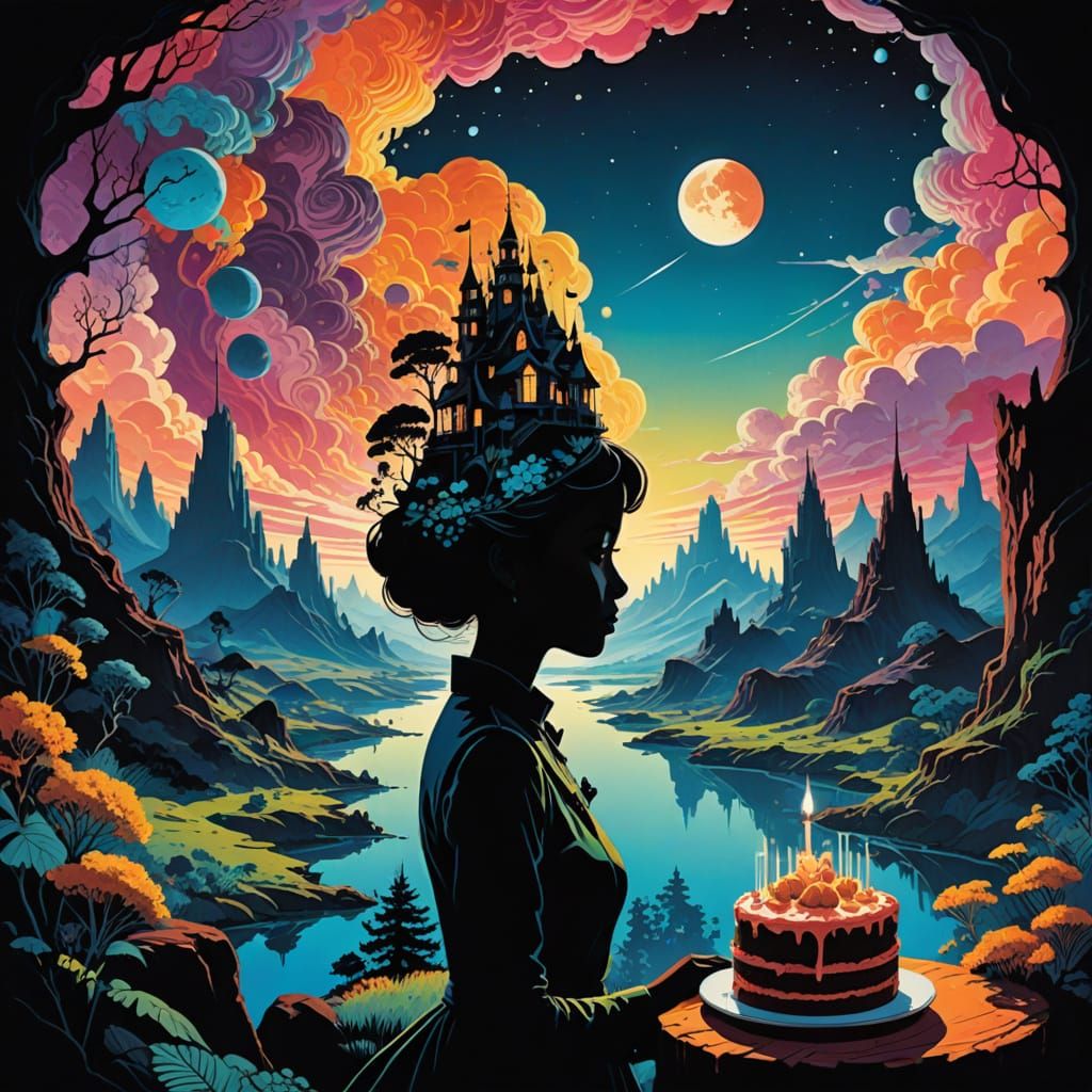 Surreal Cake Indulgence in Dreamlike Landscape