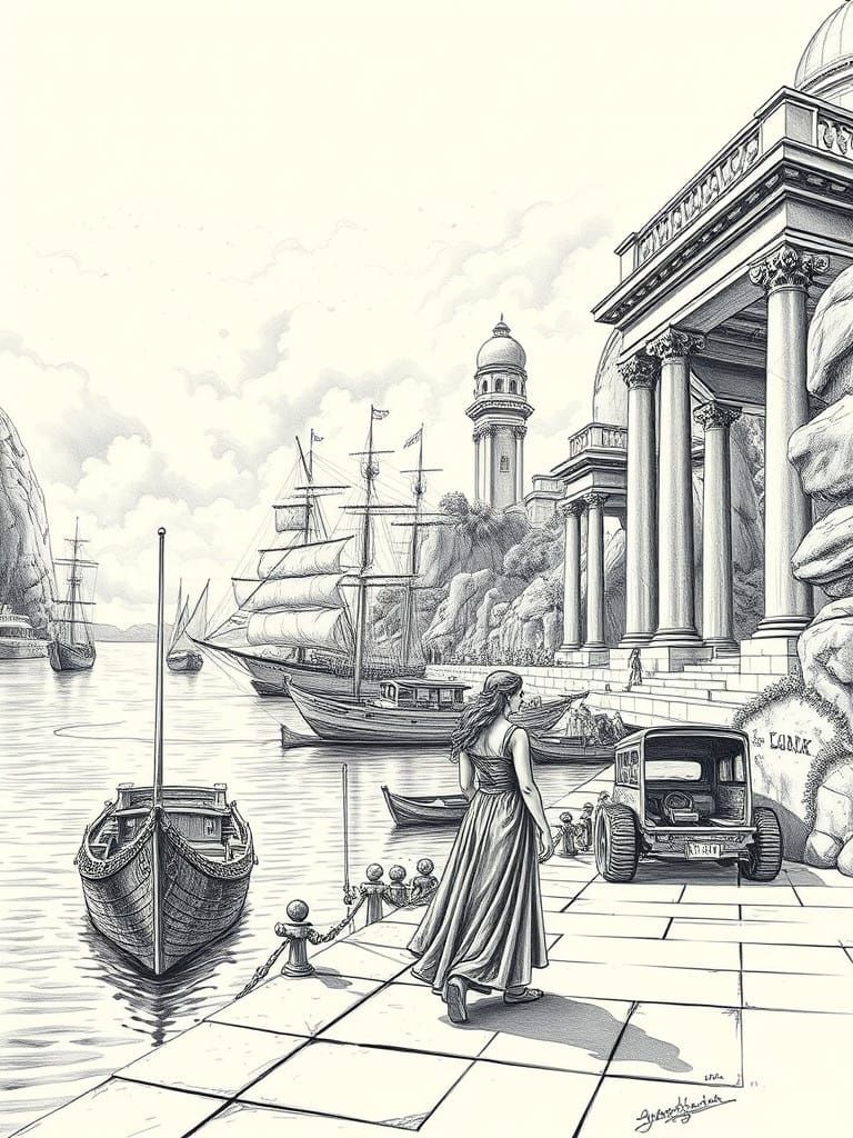 Neoclassical Atlantean Harbor Drawing
