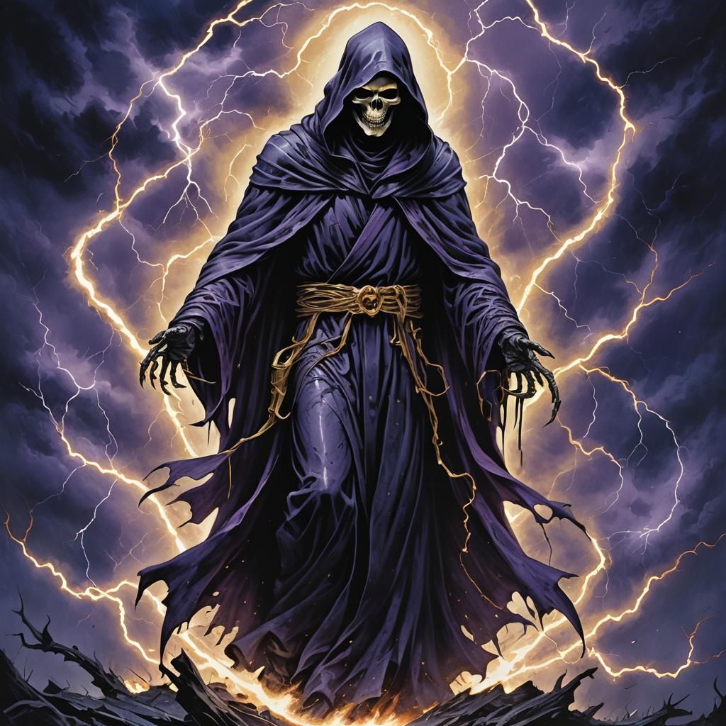 Grim Reaper with Flaming Scythe in High-Fantasy Style