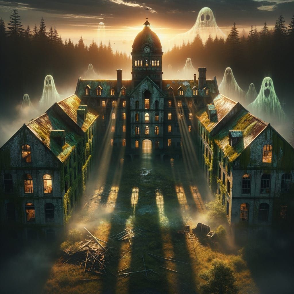 Eerie Abandoned Asylum Under Setting Sun's Glow