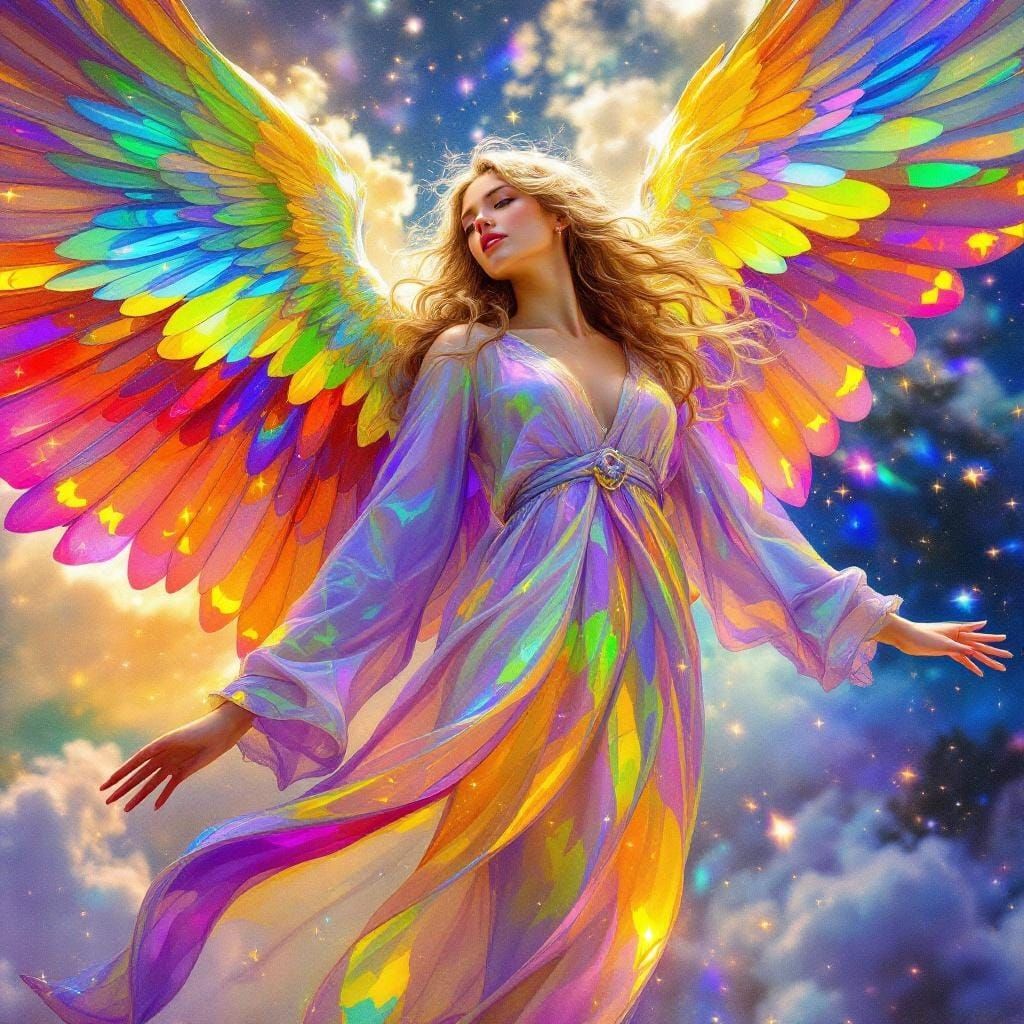 Iridescent Angel with Rainbow Wings, Art Nouveau Style