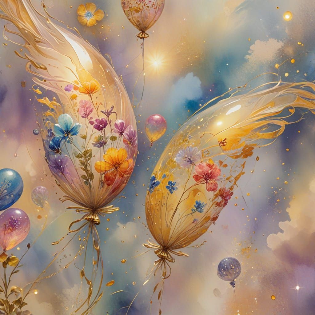 Balloons Floating in Air as Watercolor Painting