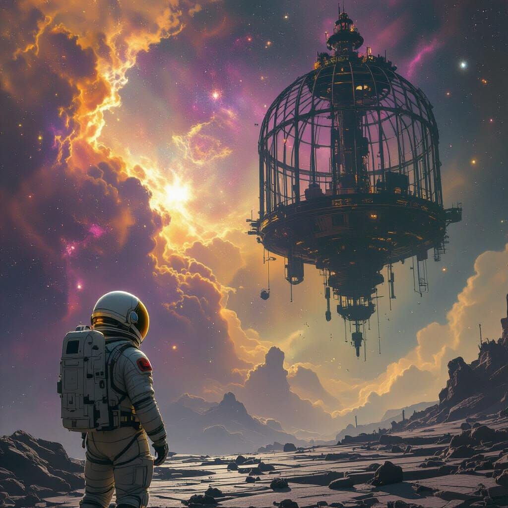 Astronaut Adrift Near Ornate Birdcage Space Station