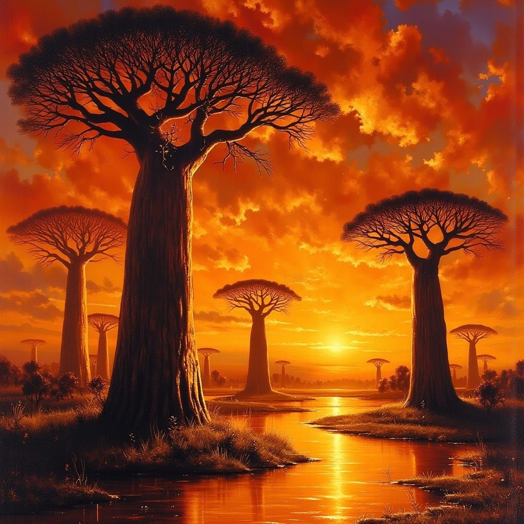 Baobab Trees at Sunset: A Landscape Painting