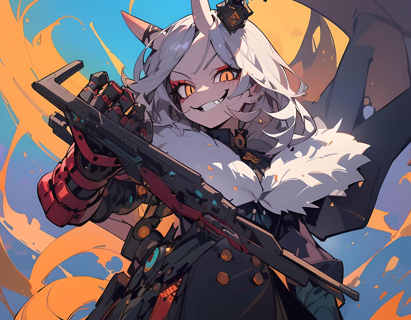 Oni Witch with Mechanical Arms in Comic Style