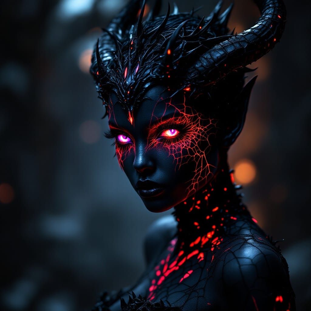 Gothic Shadow Demon in Majestic Black Crown with Bioluminesc...