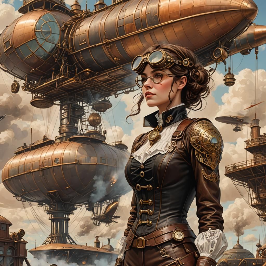 Steampunk Victorian Woman Awaits Zeppelin on Airfield