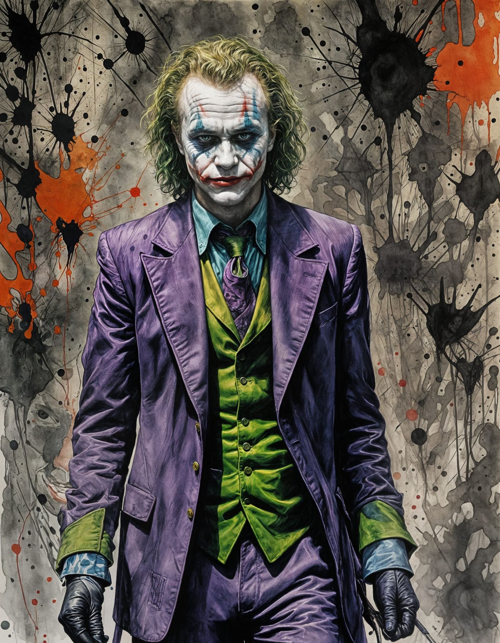 The Joker as Expressive Color Ink Wash Caricature
