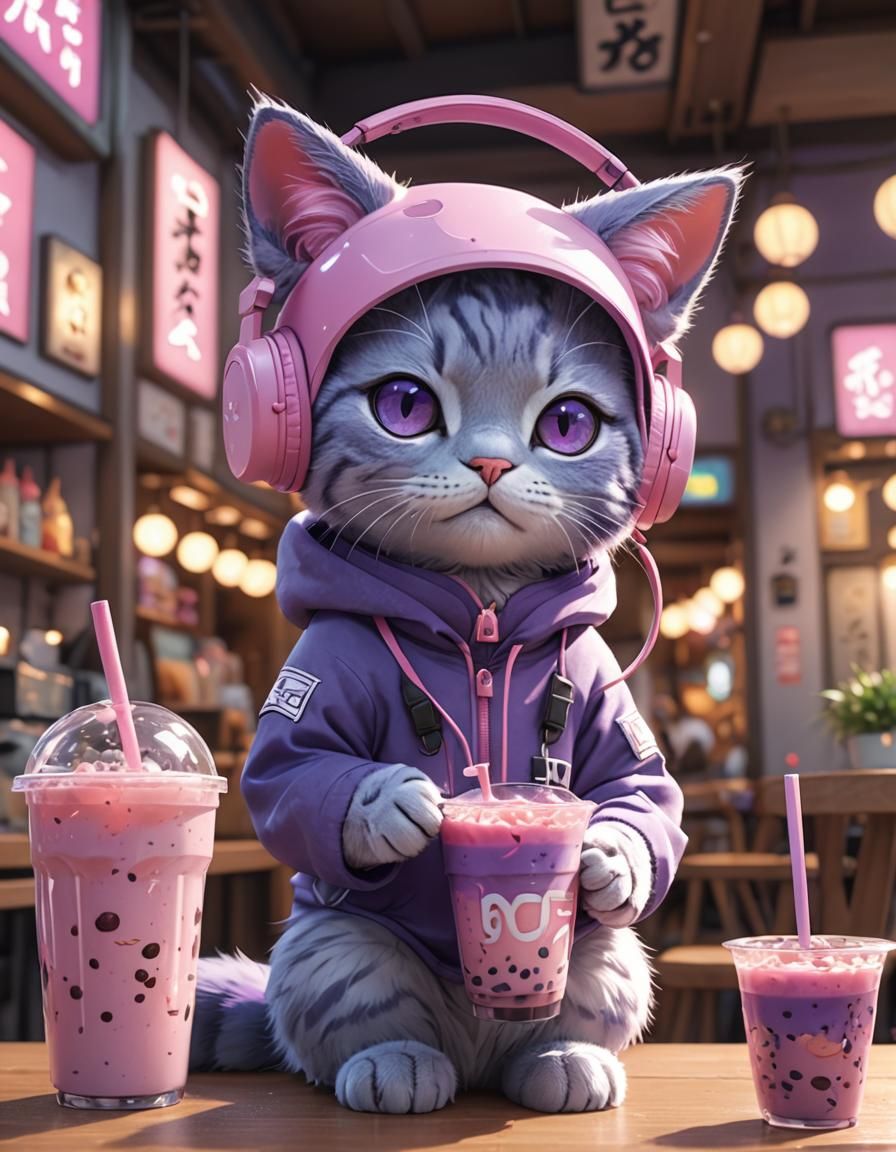 Purple Cat with Boba Tea in Anime Style