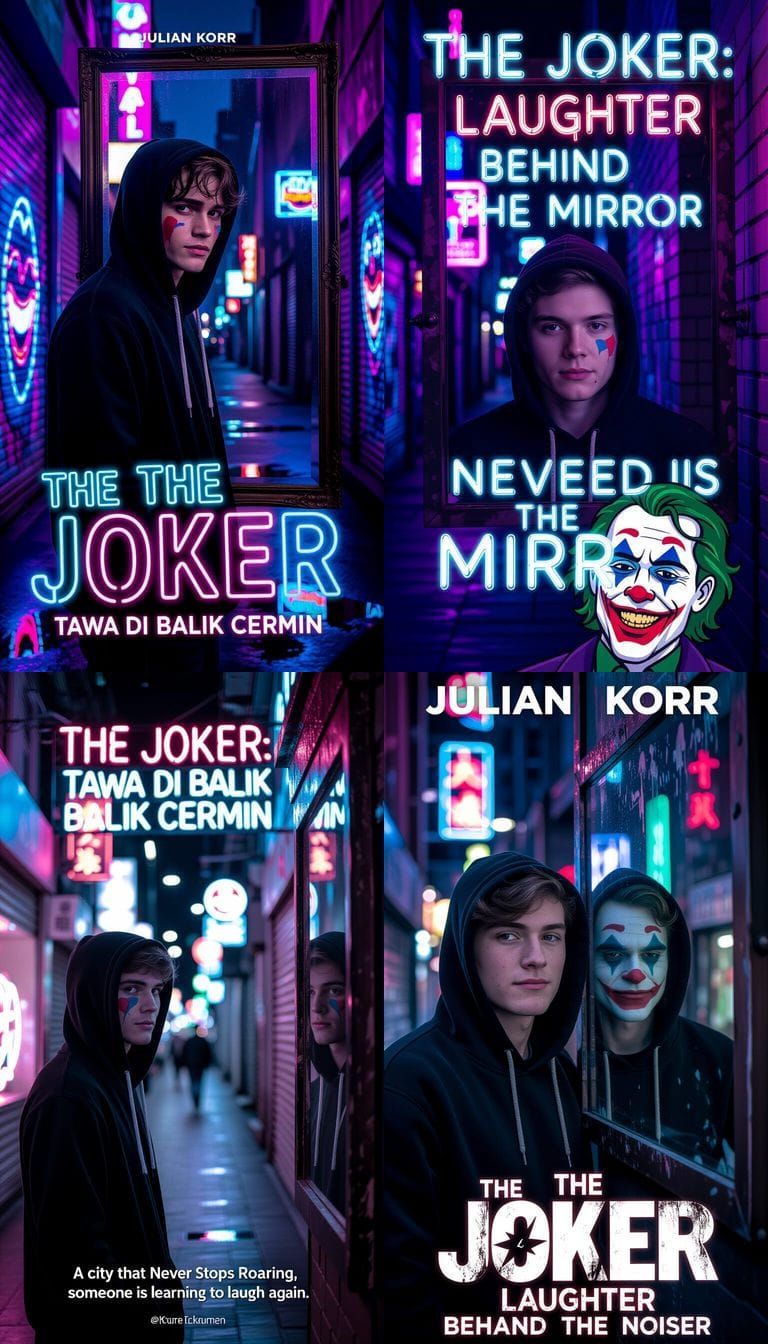 Man in Hoodie with Reflective Mirror Portrait in Neon City