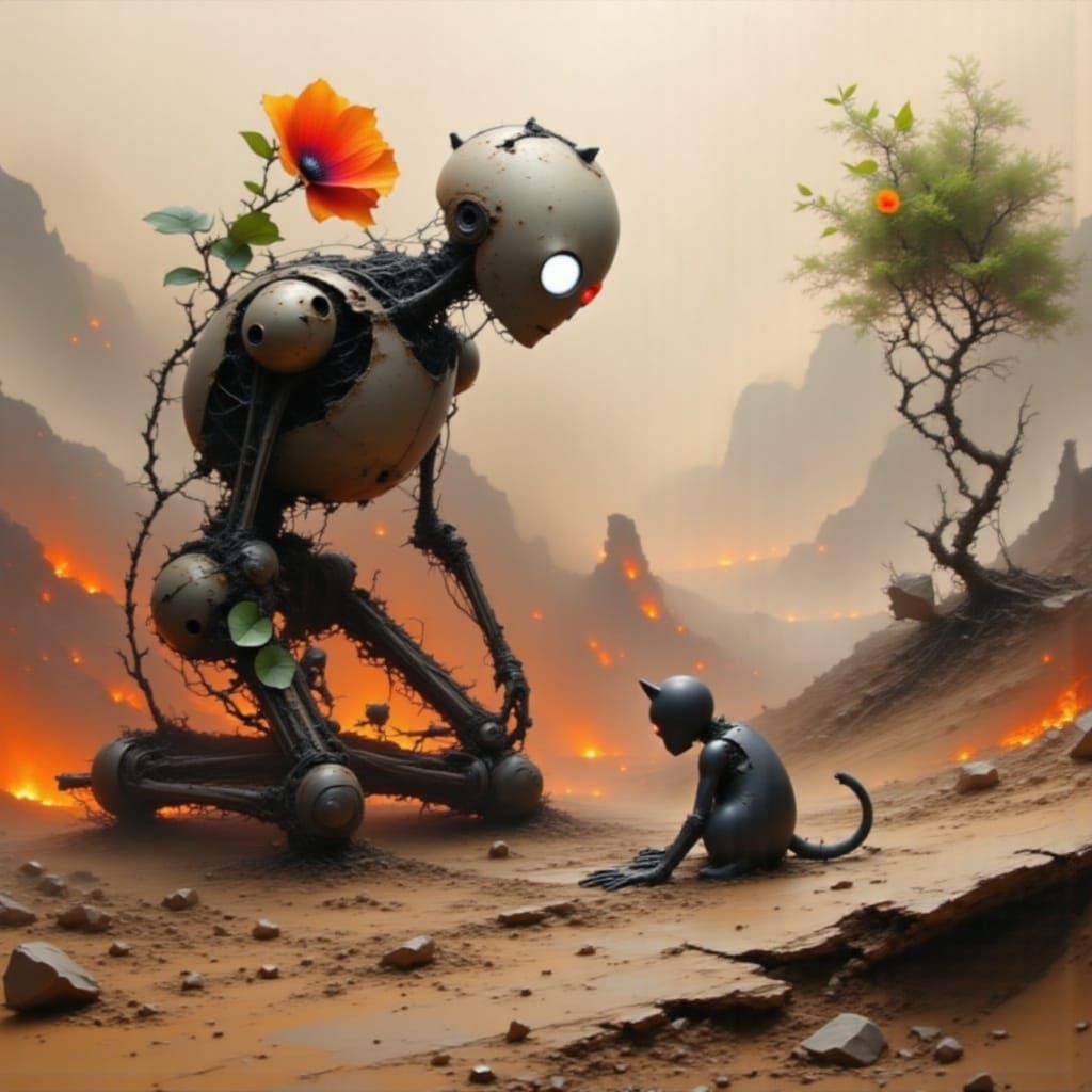 Retro Robot Petting Kitten in Post-Apocalyptic Wasteland