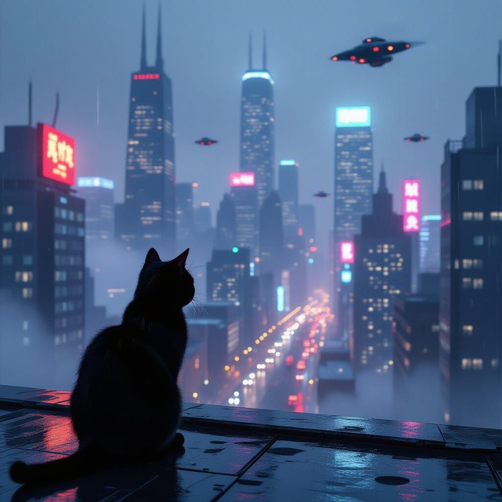 Black Cat Gazing at Cyberpunk Cityscape
