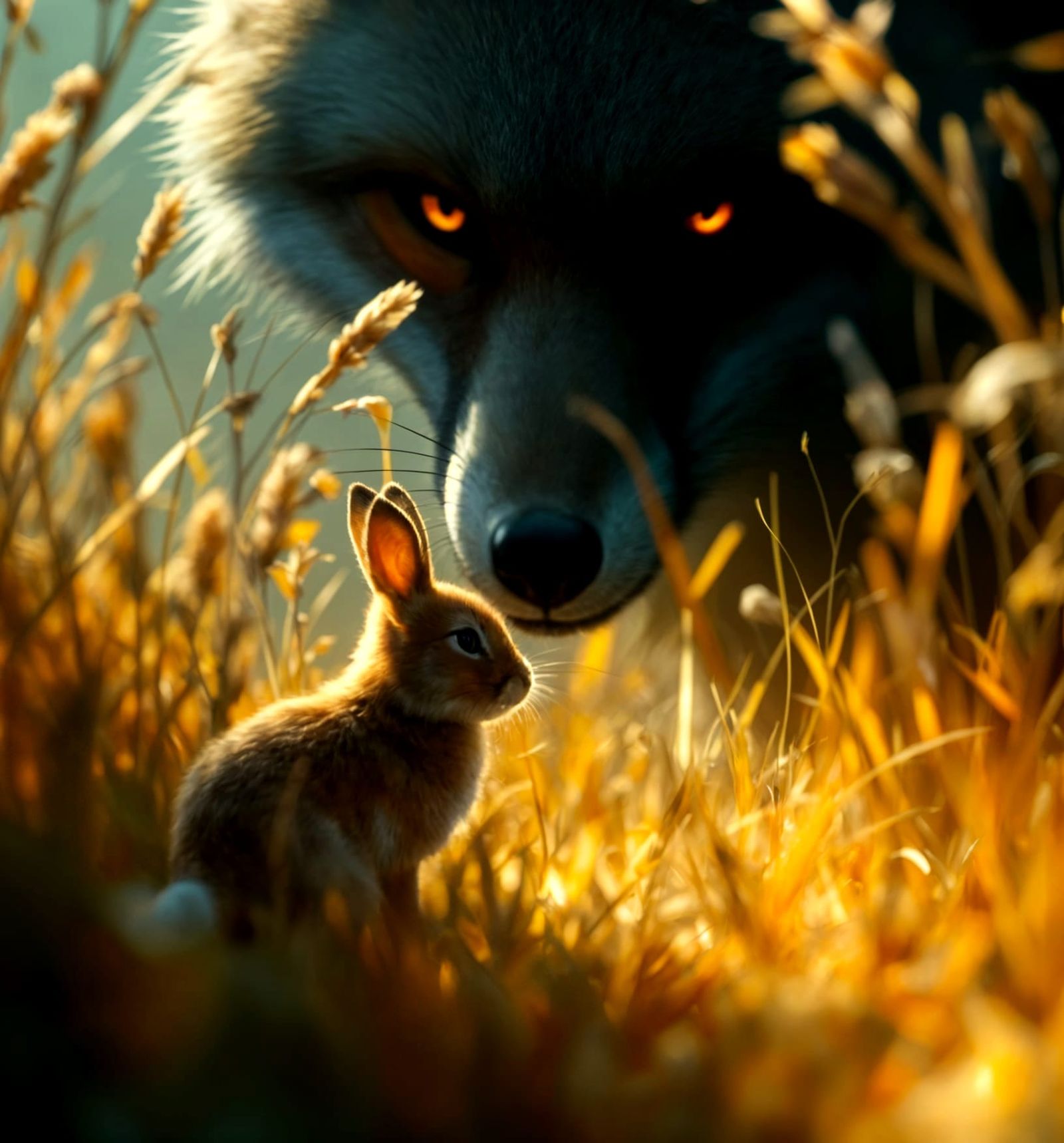 Fox Shadow Hunts Unaware Rabbit in Long Grass