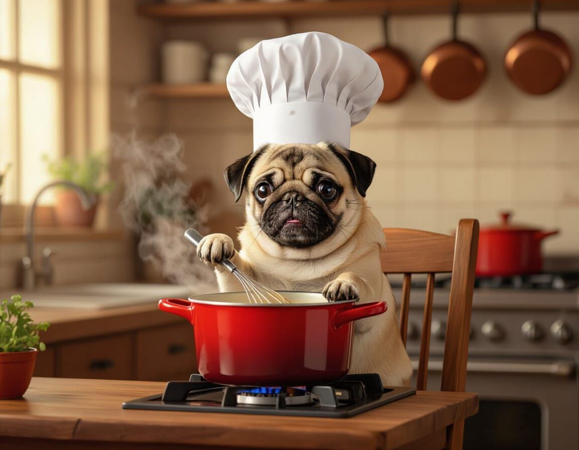 Pug Chef Stirring Pot in Whimsical Kitchen