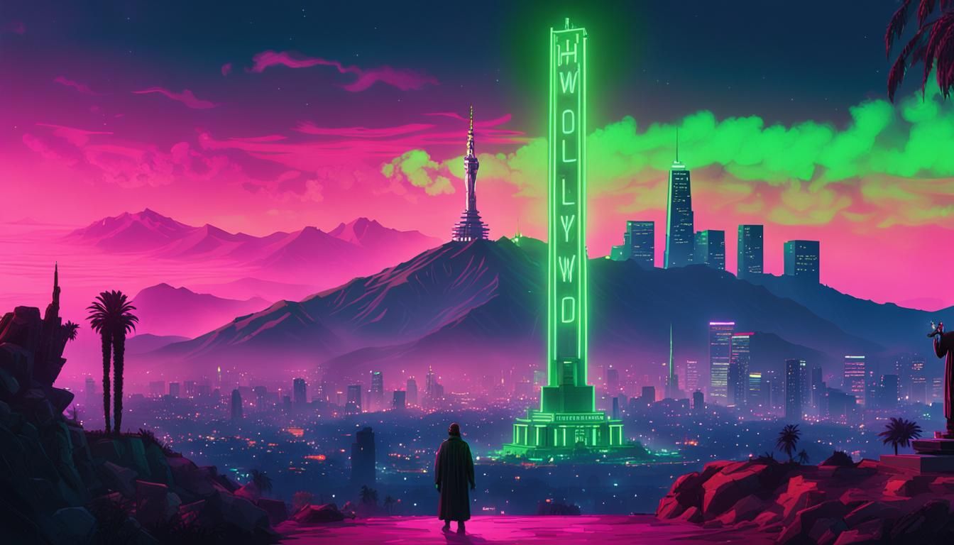 Holy-Weed Sign in Green Neon, Cyberpunk Skyline