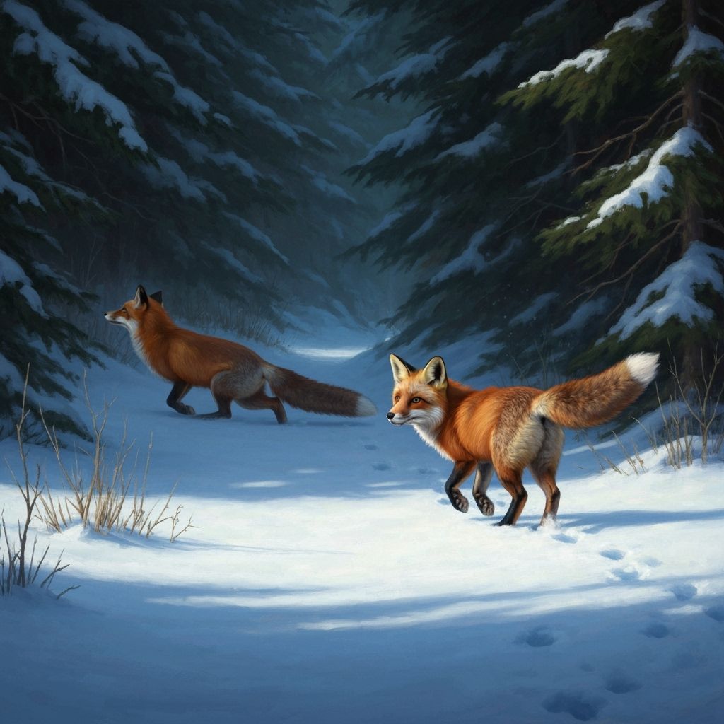 Red Fox Runs Through Snowy Landscape Into Forest